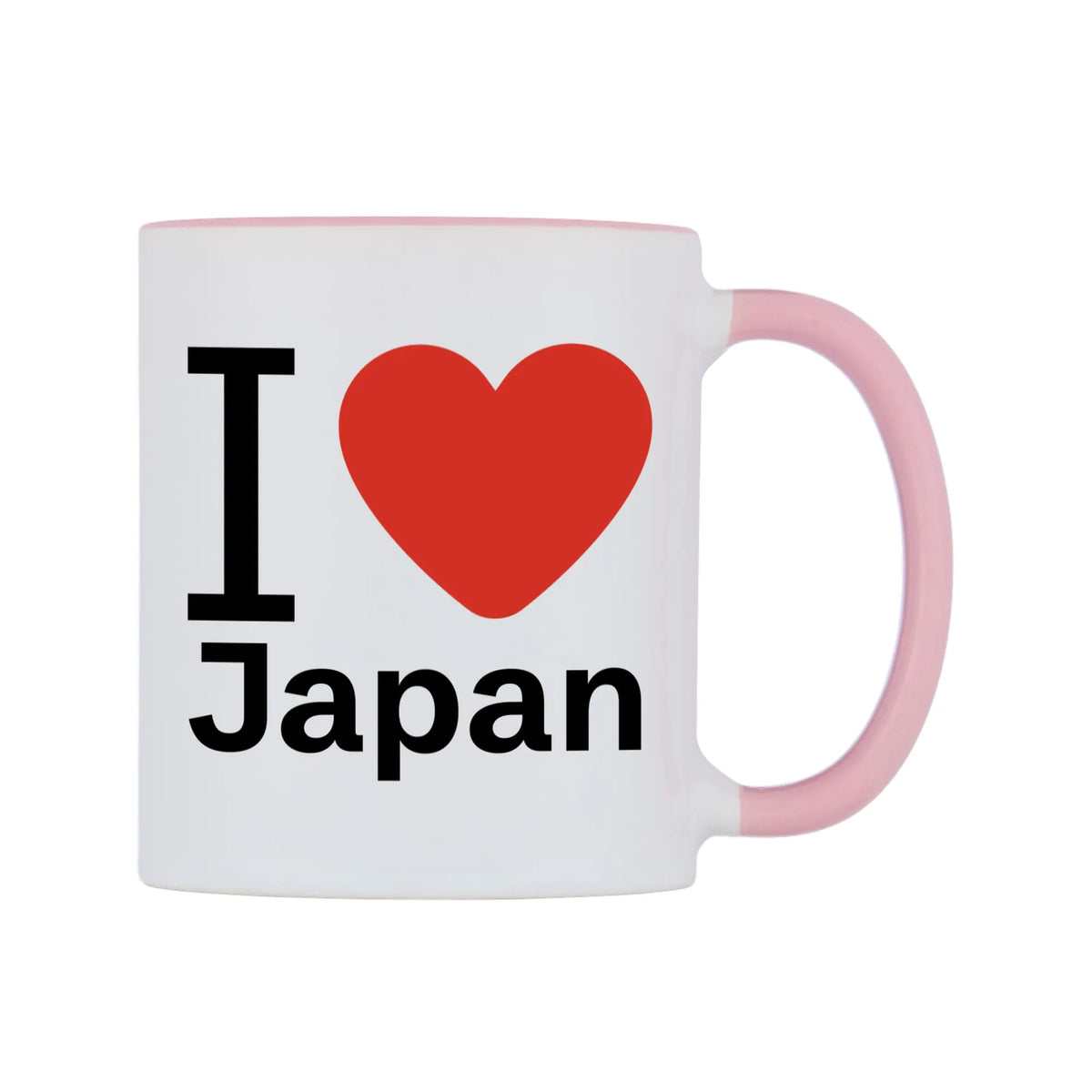 I Love Japan Mug — white 11oz gloss mug with a pink inside and handle, left side, on a white background