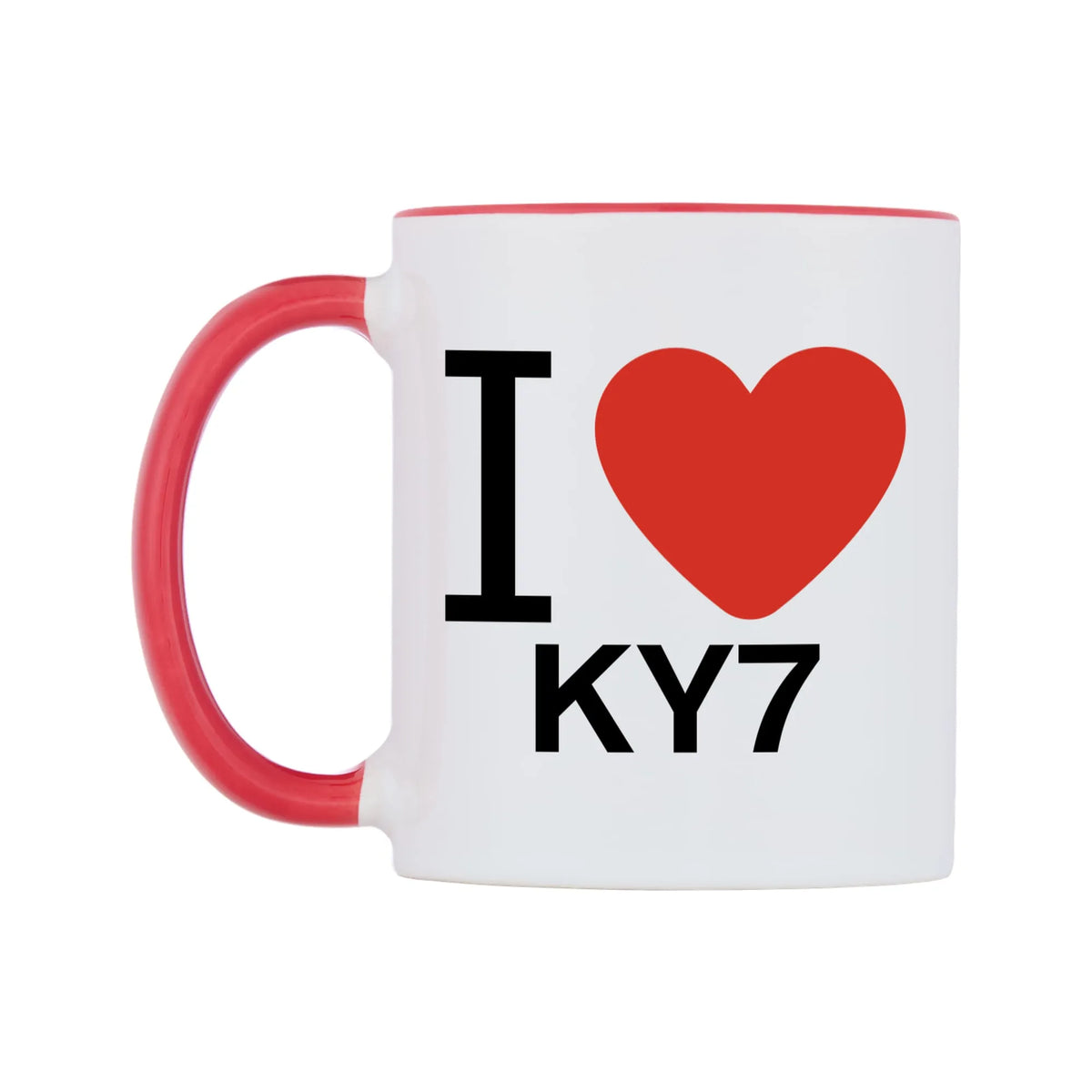I Love KY7 Mug — white 11oz gloss mug with a red inside and handle, right side, on a white background