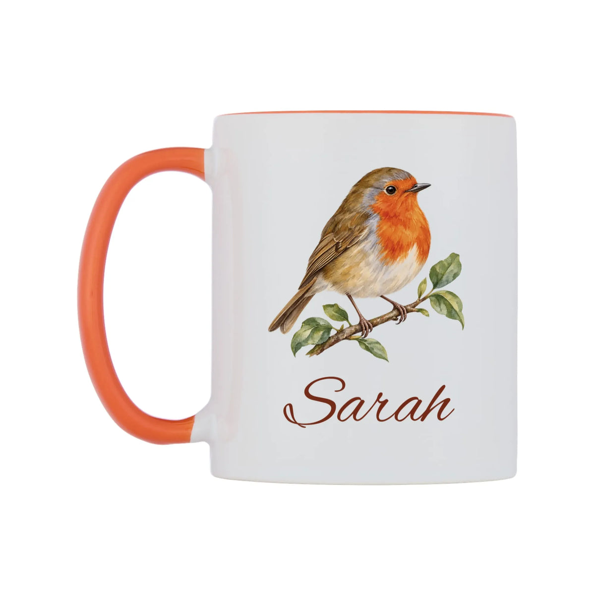 Personalised Watercolour Robin Bird Mug — white 11oz gloss mug with a orange inside and handle, right side, on a white background