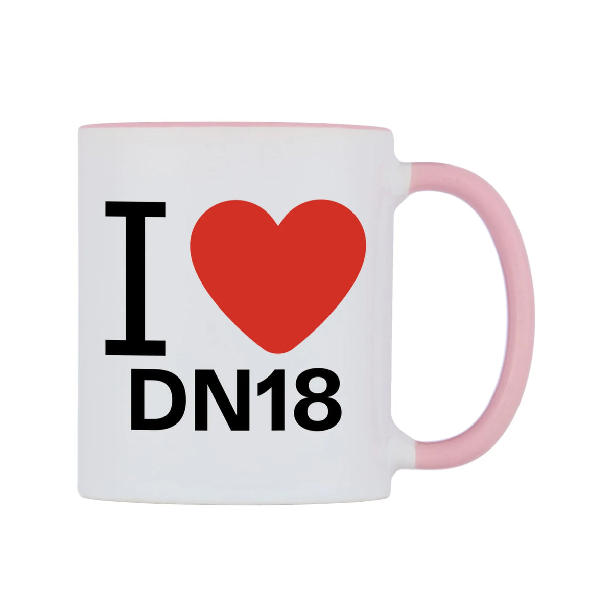 I Love DN18 Mug — white 11oz gloss mug with a pink inside and handle, left side, on a white background