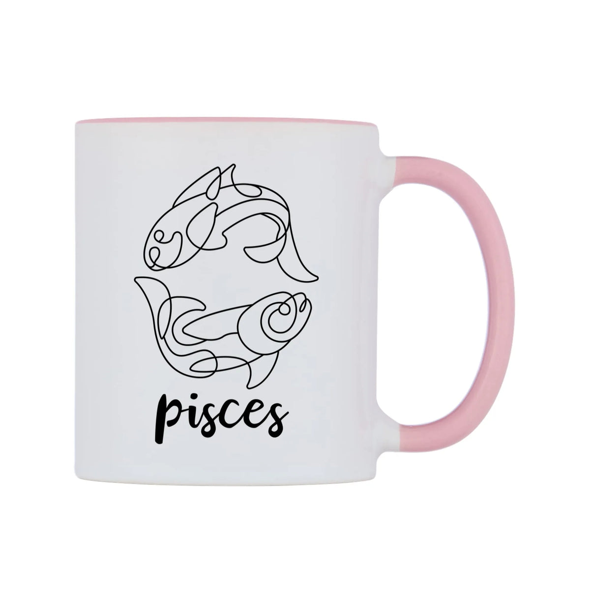 Zodiac Sign Pisces Mug — white 11oz gloss mug with a pink inside and handle, left side, on a white background