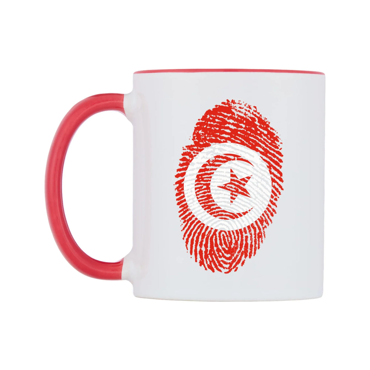 Tunisia Finger Print Flag Mug — white 11oz gloss mug with a red inside and handle, right side, on a white background