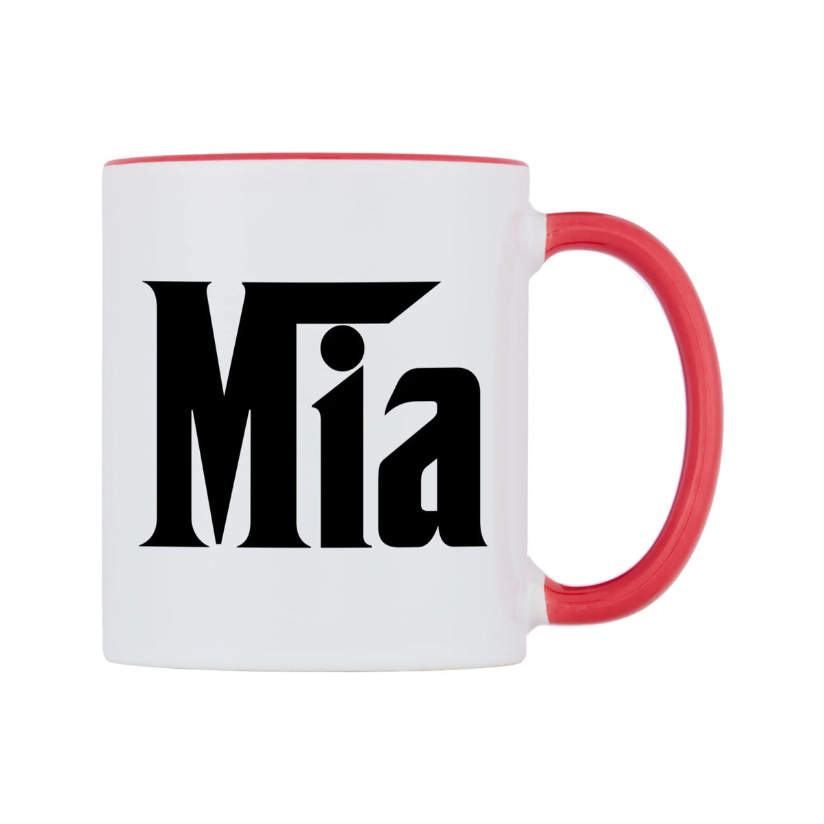 Mia - Godfather Themed Mug — white 11oz gloss mug with a red inside and handle, left side, on a white background