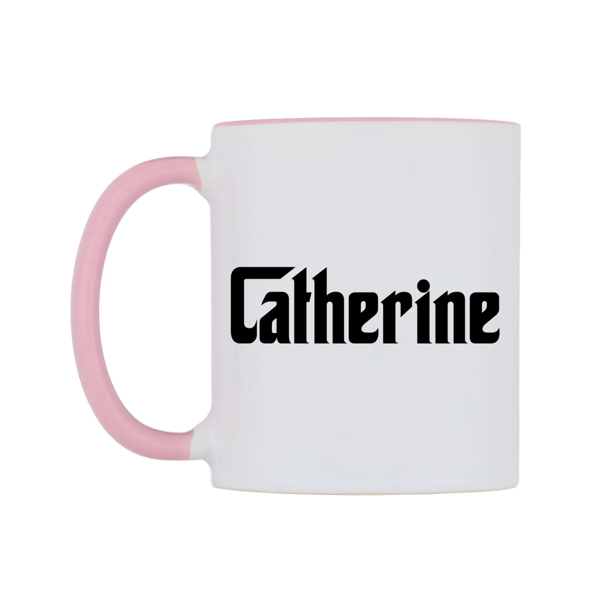 Catherine - Godfather Themed Mug — white 11oz gloss mug with a pink inside and handle, right side, on a white background