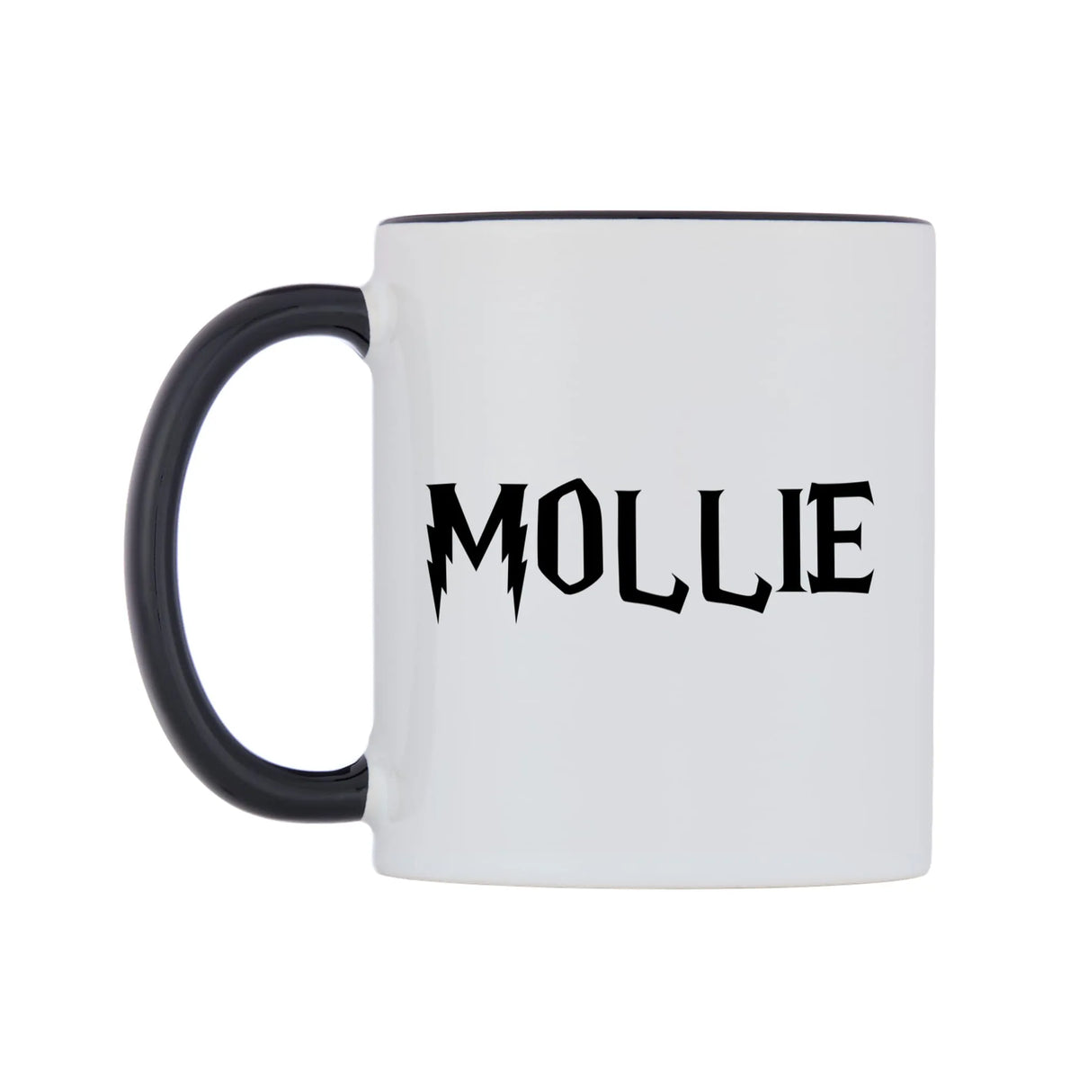 Mollie - Wizard Themed Mug — white 11oz gloss mug with a black inside and handle, right side, on a white background