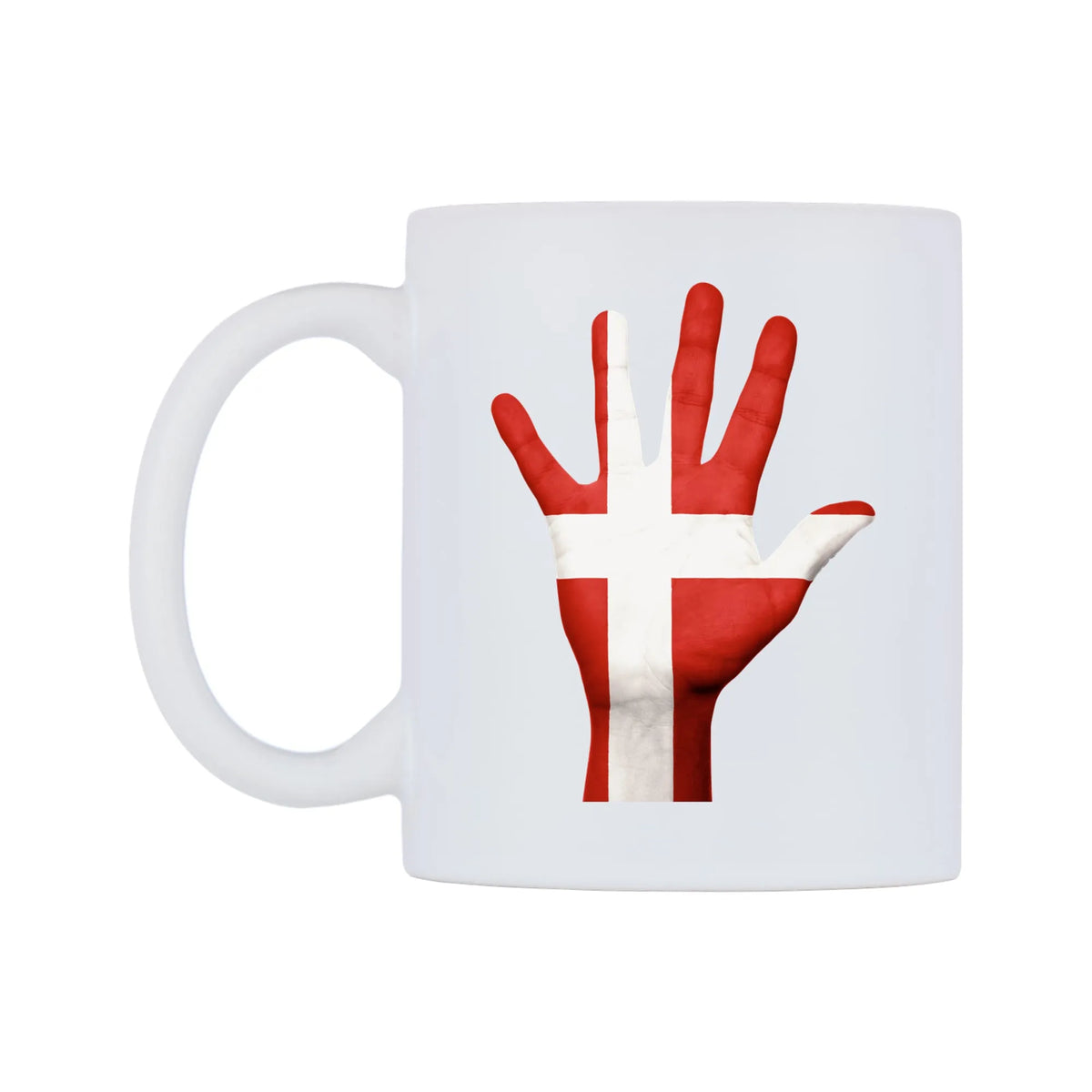 Denmark Hand Flag Mug — white 11oz gloss mug, right side, on a white background