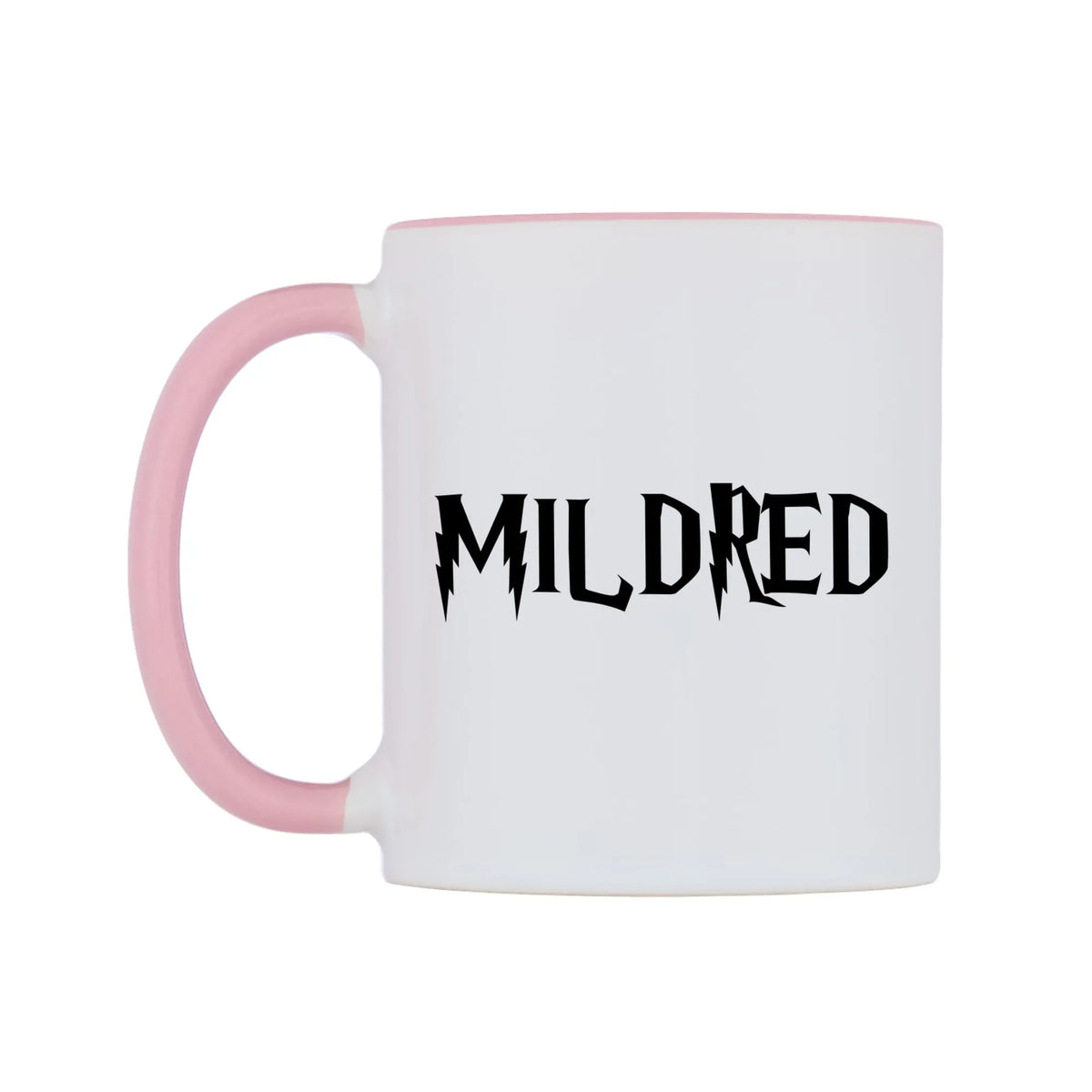Mildred - Wizard Themed Mug — white 11oz gloss mug with a pink inside and handle, right side, on a white background