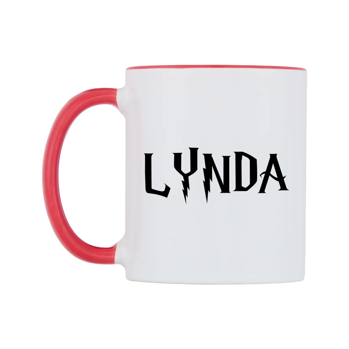 Lynda - Wizard Themed Mug — white 11oz gloss mug with a red inside and handle, right side, on a white background