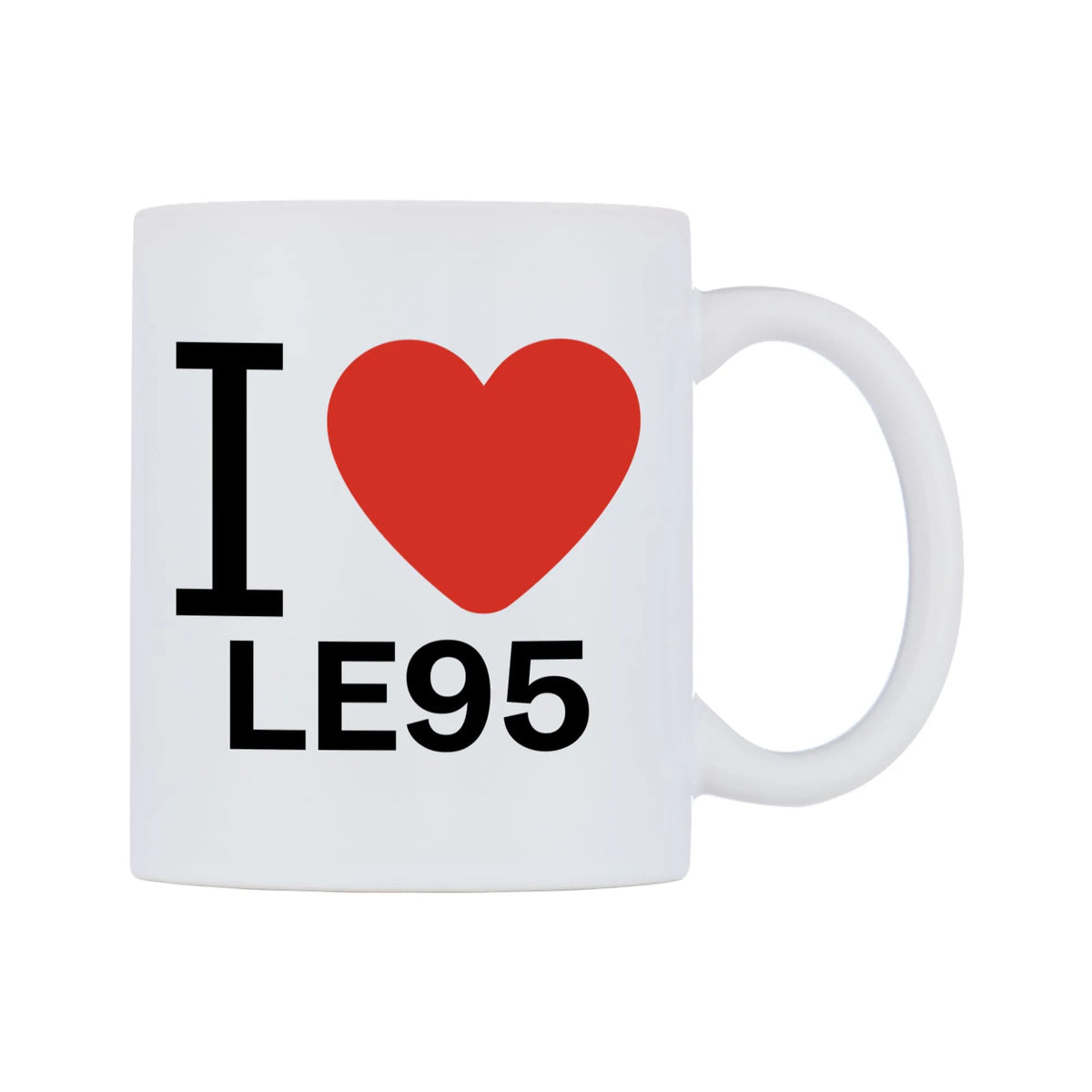 I Love LE95 Mug — white 11oz gloss mug, left side, on a white background