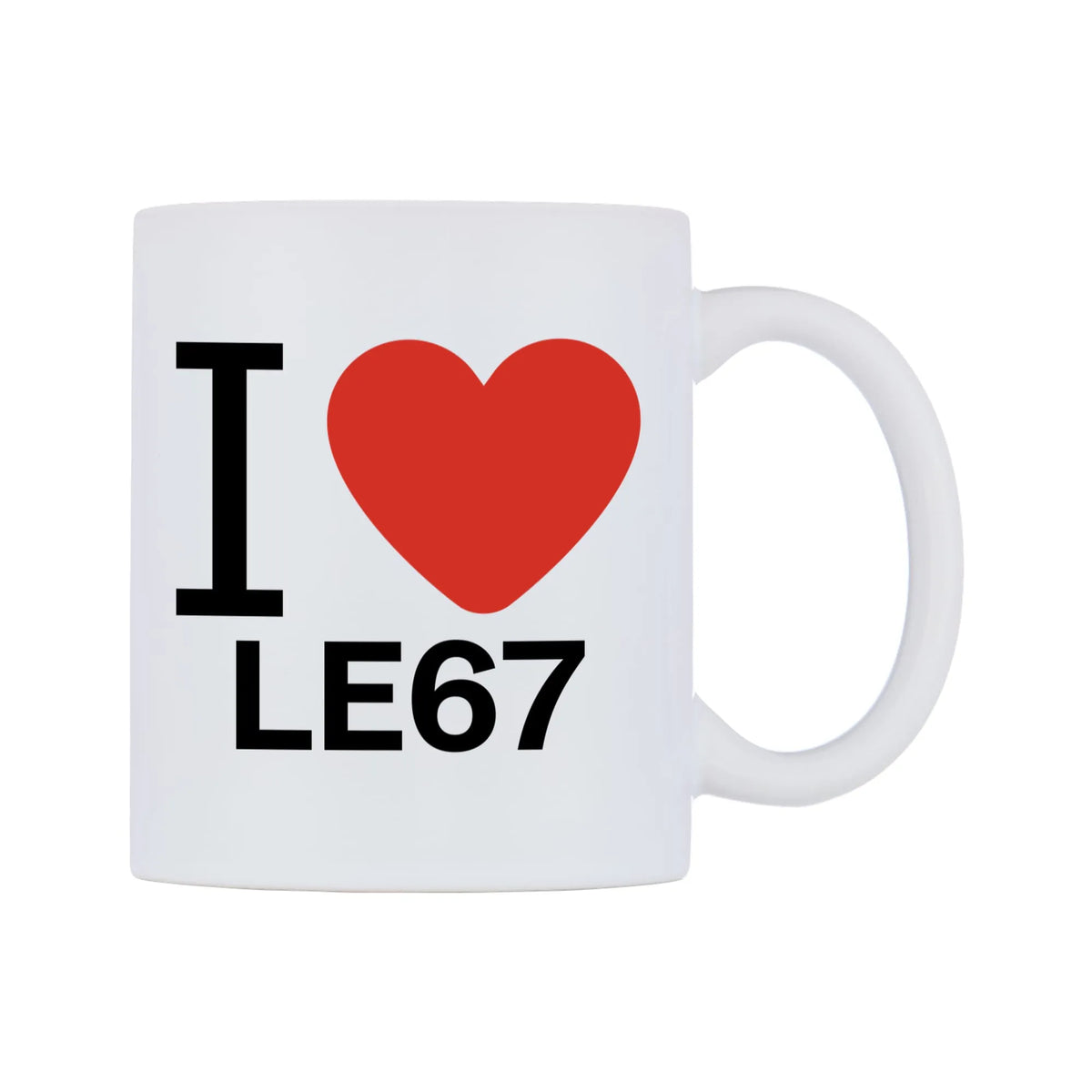 I Love LE67 Mug — white 11oz gloss mug, left side, on a white background