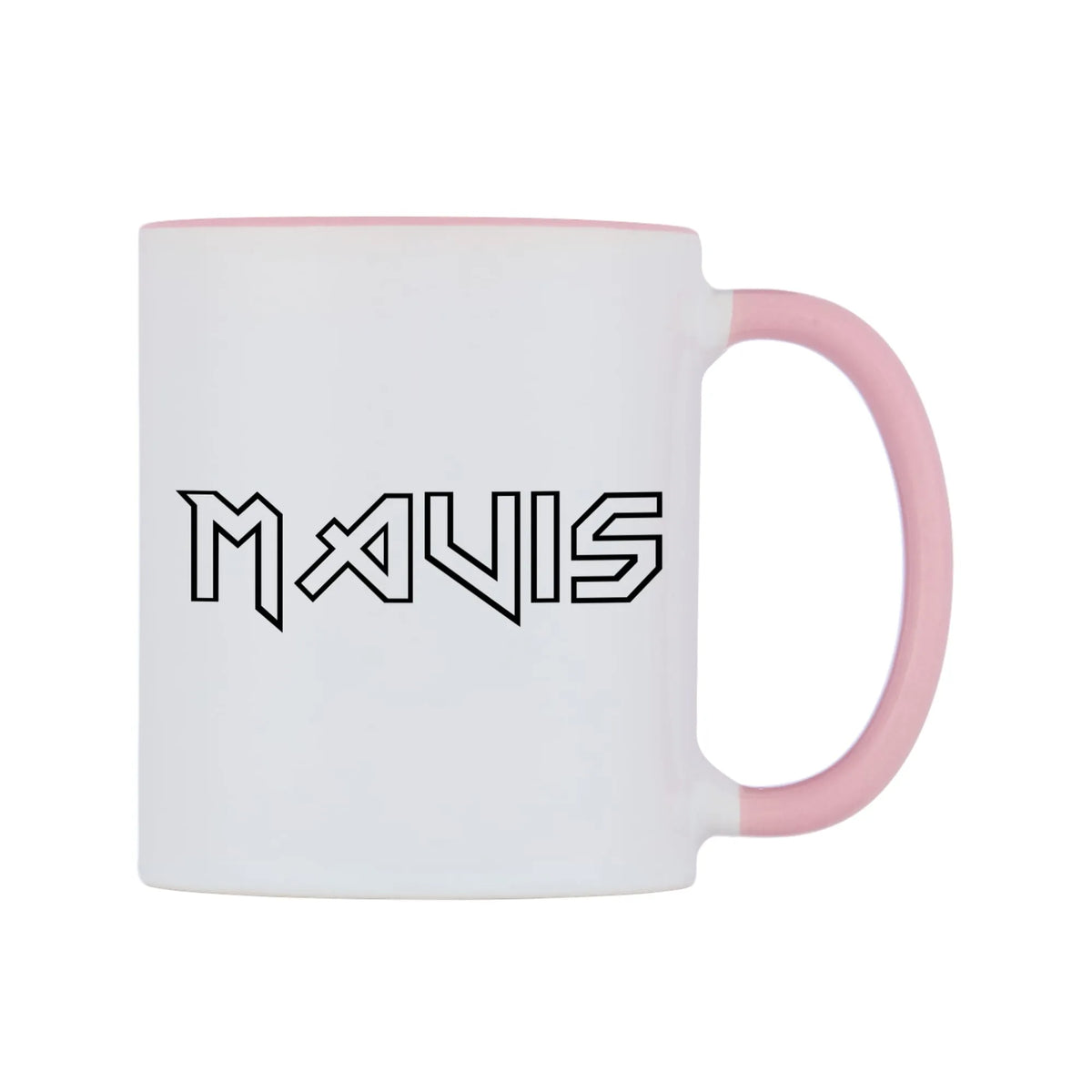 Mavis - Iron Maiden Themed Mug — white 11oz gloss mug with a pink inside and handle, left side, on a white background