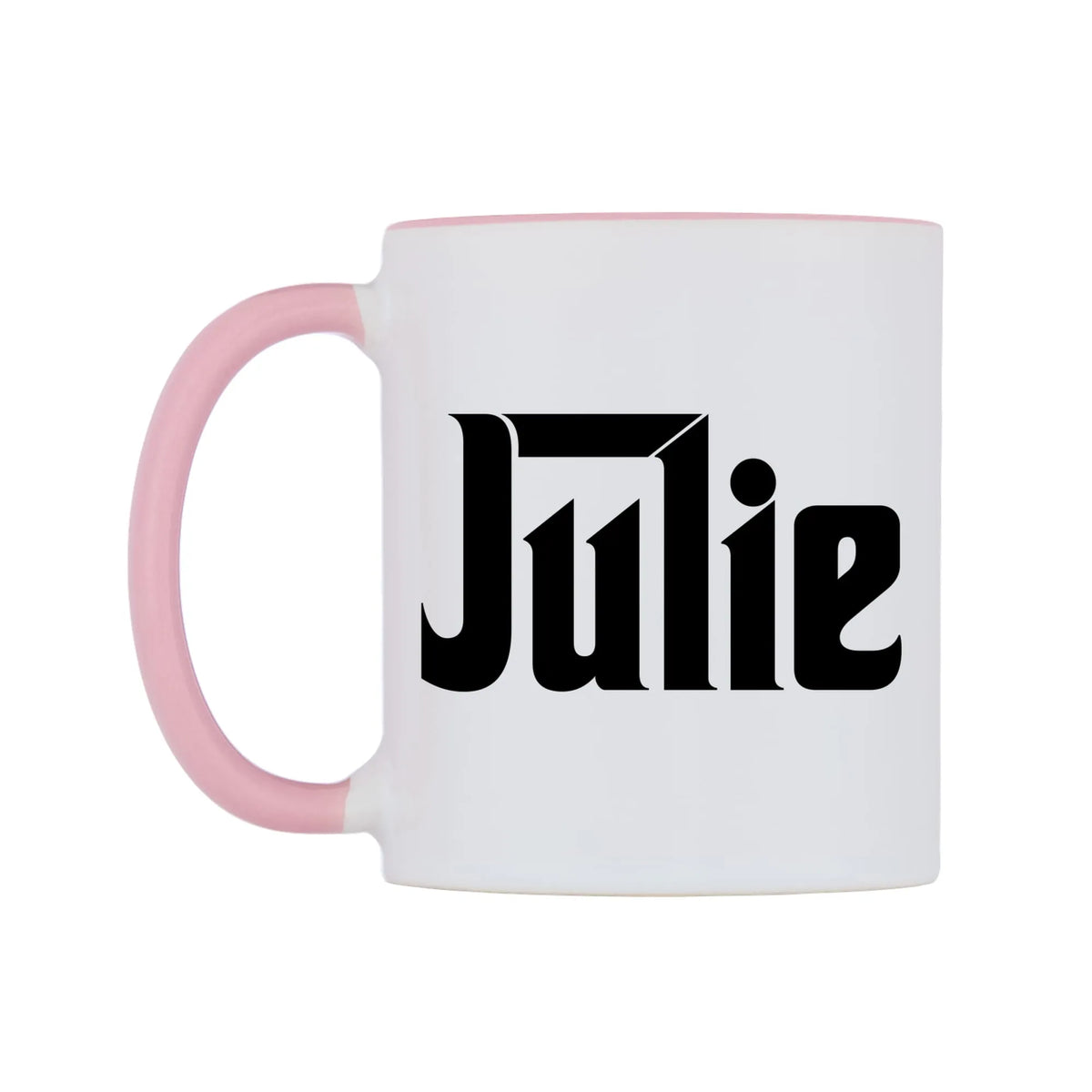 Julie - Godfather Themed Mug — white 11oz gloss mug with a pink inside and handle, right side, on a white background