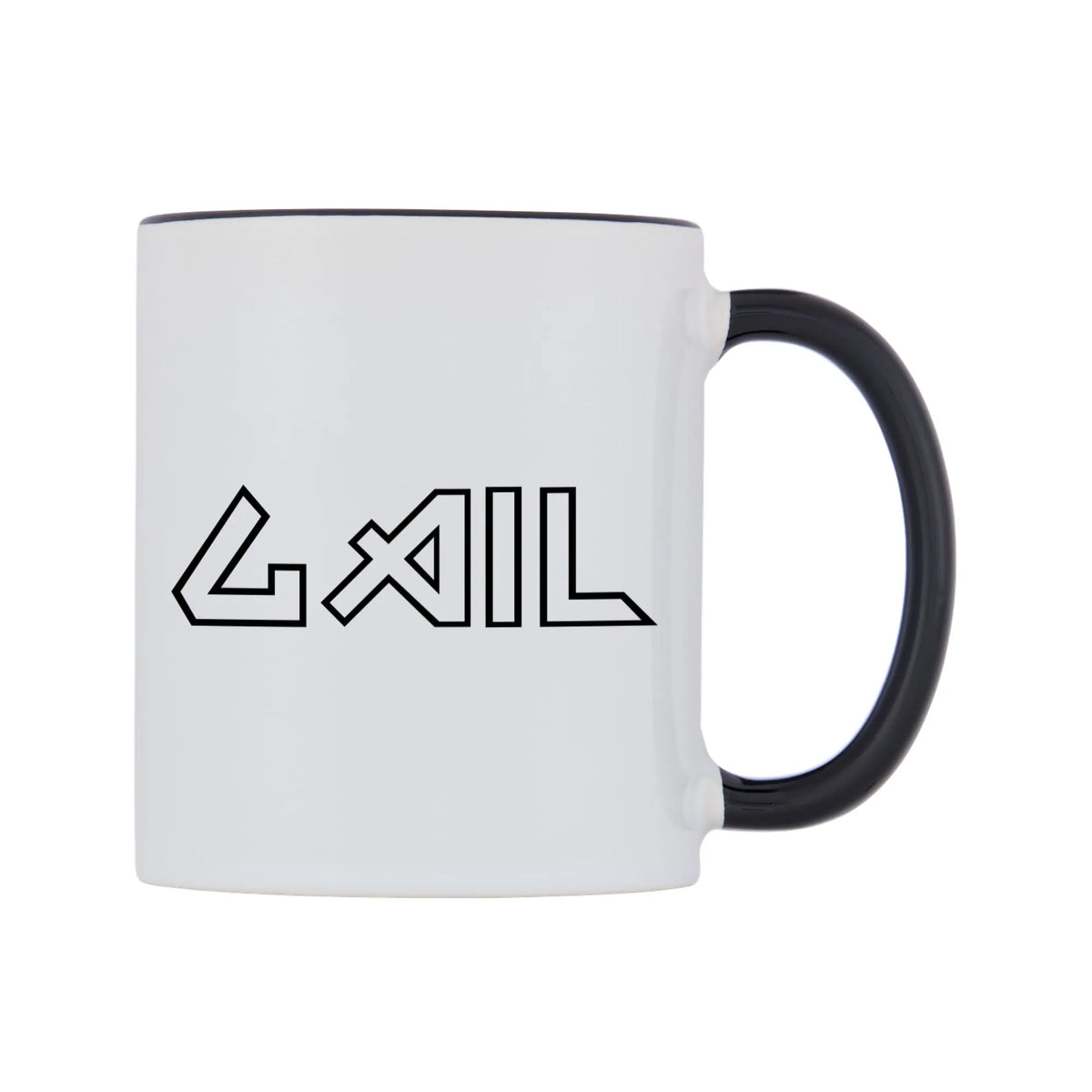Gail - Iron Maiden Themed Mug — white 11oz gloss mug with a black inside and handle, left side, on a white background