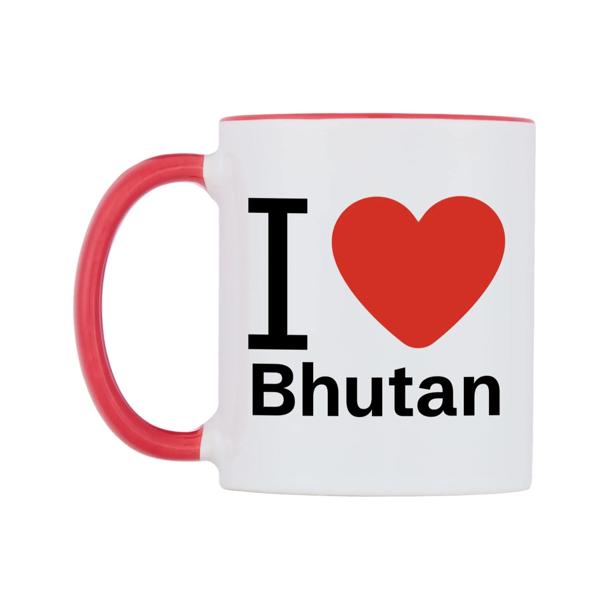 I Love Bhutan Mug — white 11oz gloss mug with a red inside and handle, right side, on a white background