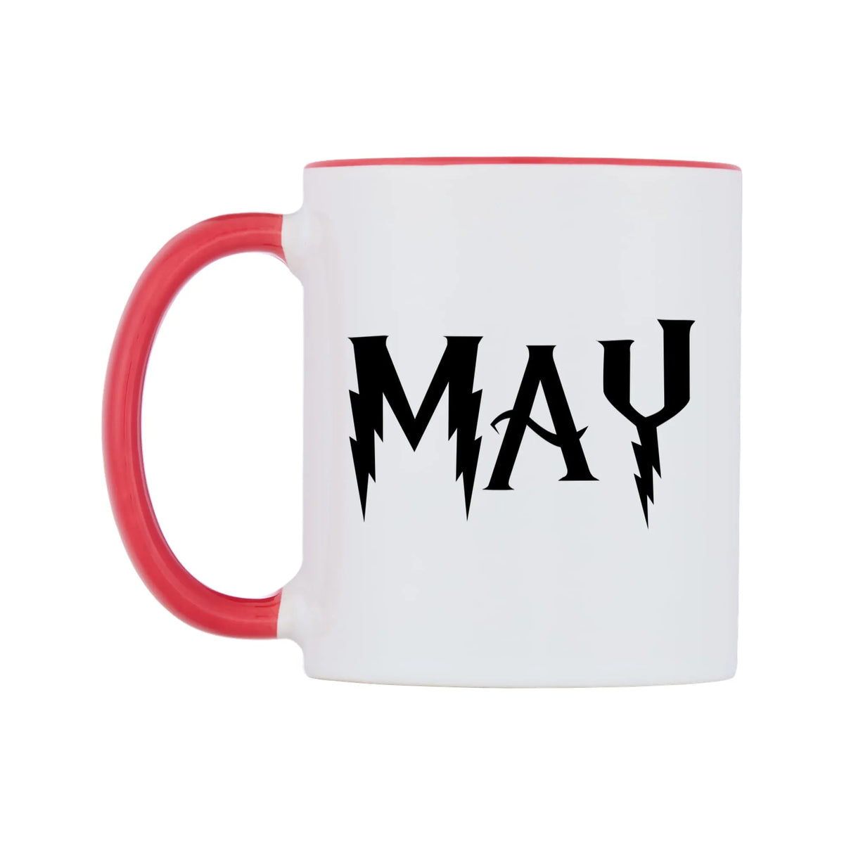 May - Wizard Themed Mug — white 11oz gloss mug with a red inside and handle, right side, on a white background