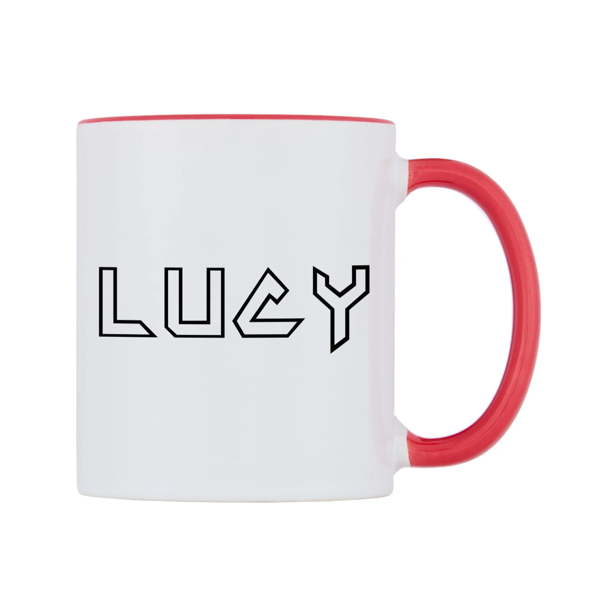 Lucy - Iron Maiden Themed Mug — white 11oz gloss mug with a red inside and handle, left side, on a white background