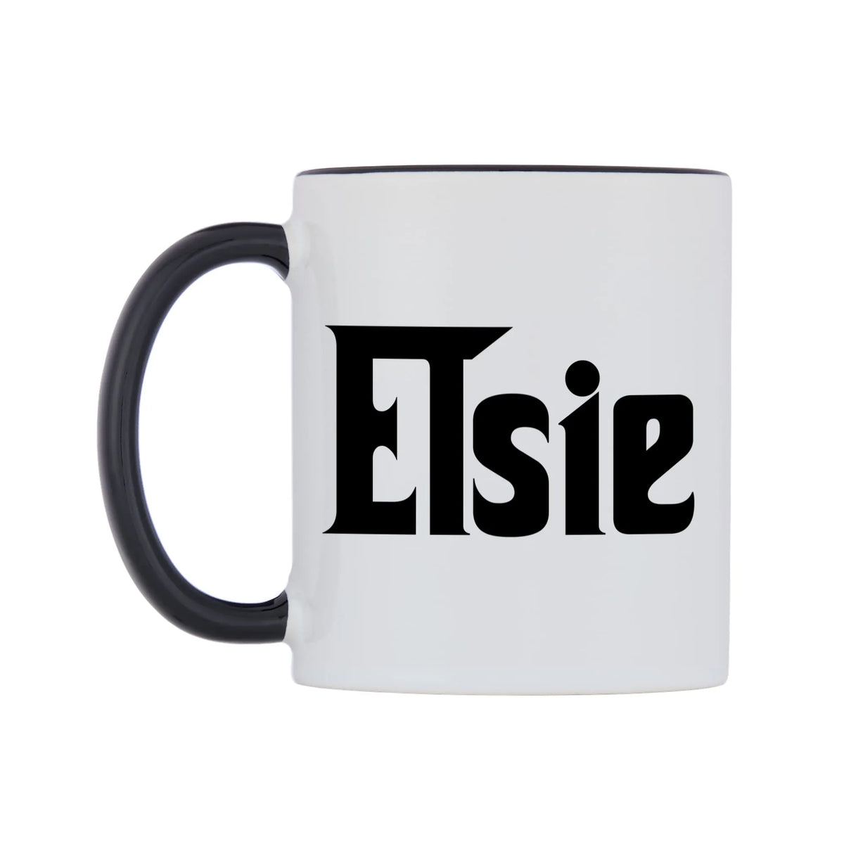 Elsie - Godfather Themed Mug — white 11oz gloss mug with a black inside and handle, right side, on a white background