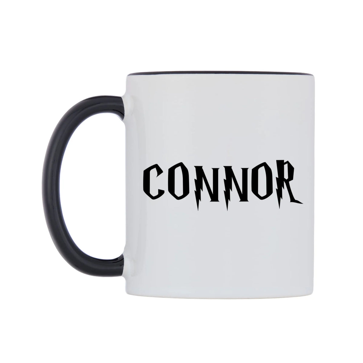 Connor - Wizard Themed Mug — white 11oz gloss mug with a black inside and handle, right side, on a white background