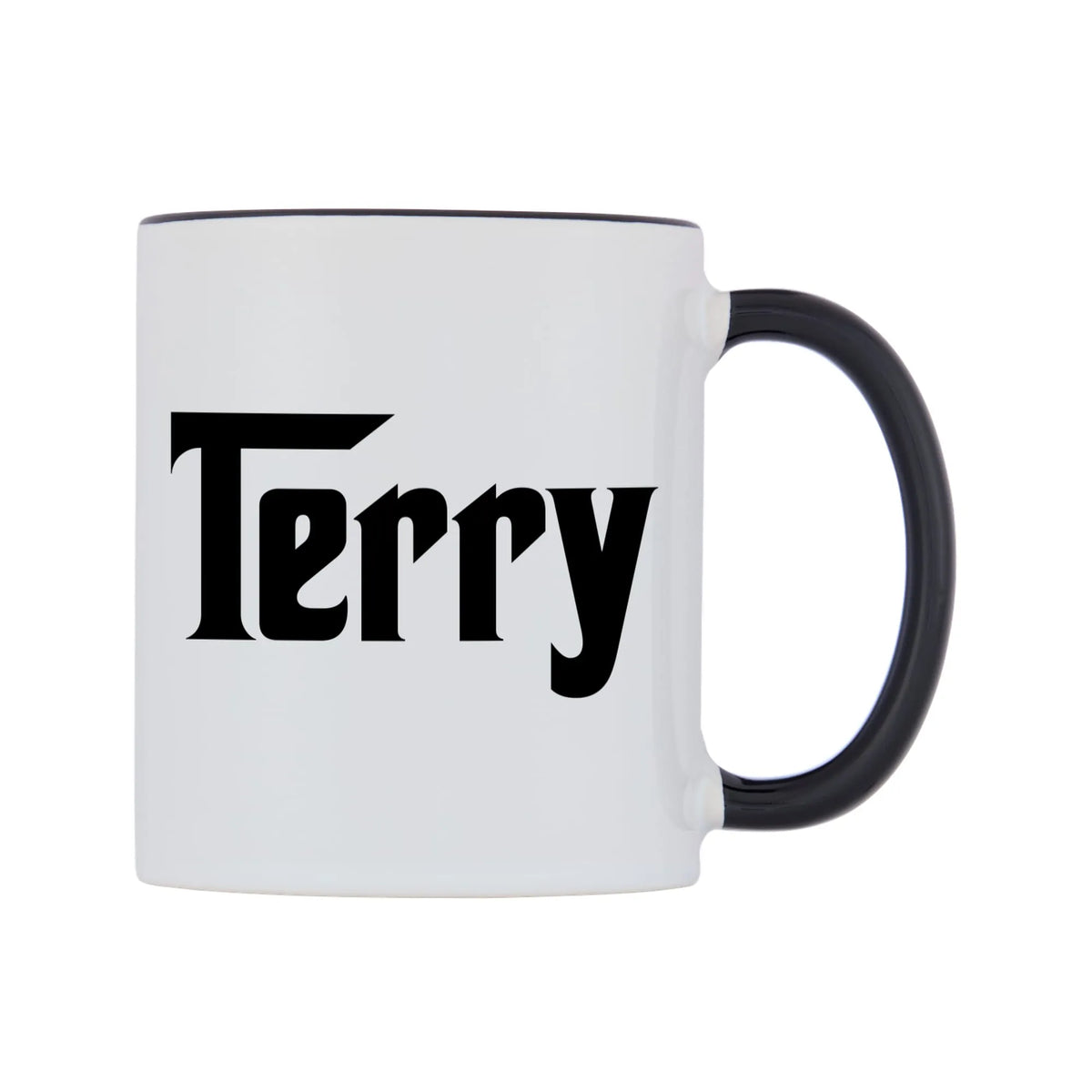 Terry - Godfather Themed Mug — white 11oz gloss mug with a black inside and handle, left side, on a white background