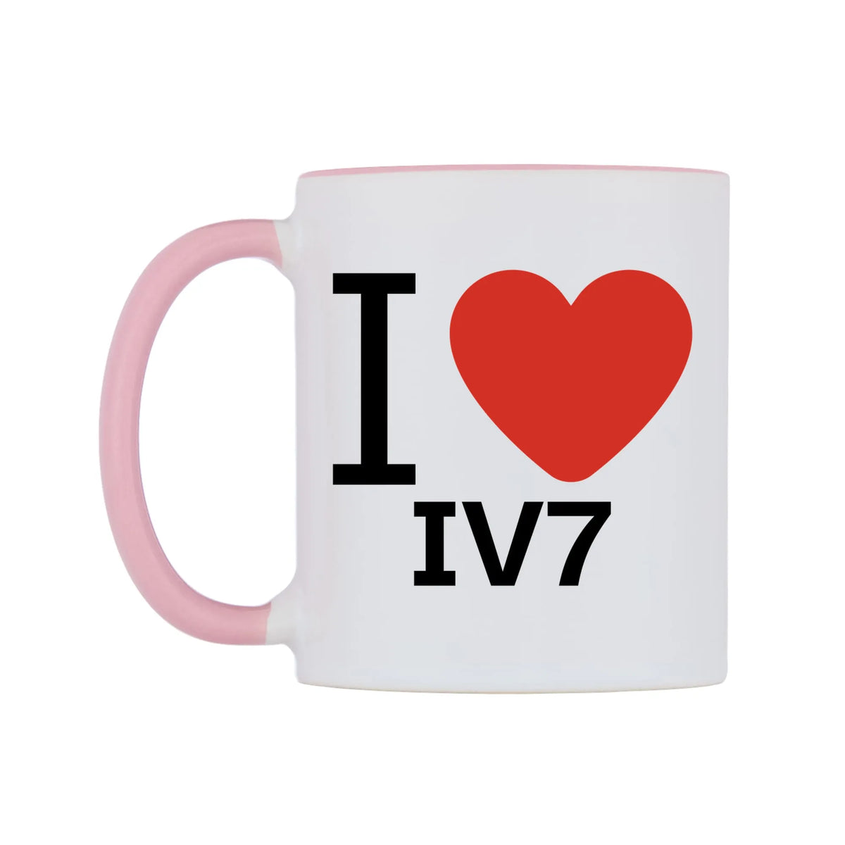 I Love IV7 Mug — white 11oz gloss mug with a pink inside and handle, right side, on a white background