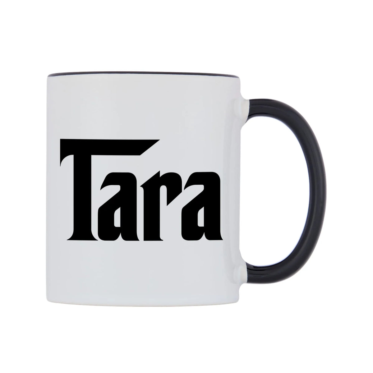 Tara - Godfather Themed Mug — white 11oz gloss mug with a black inside and handle, left side, on a white background