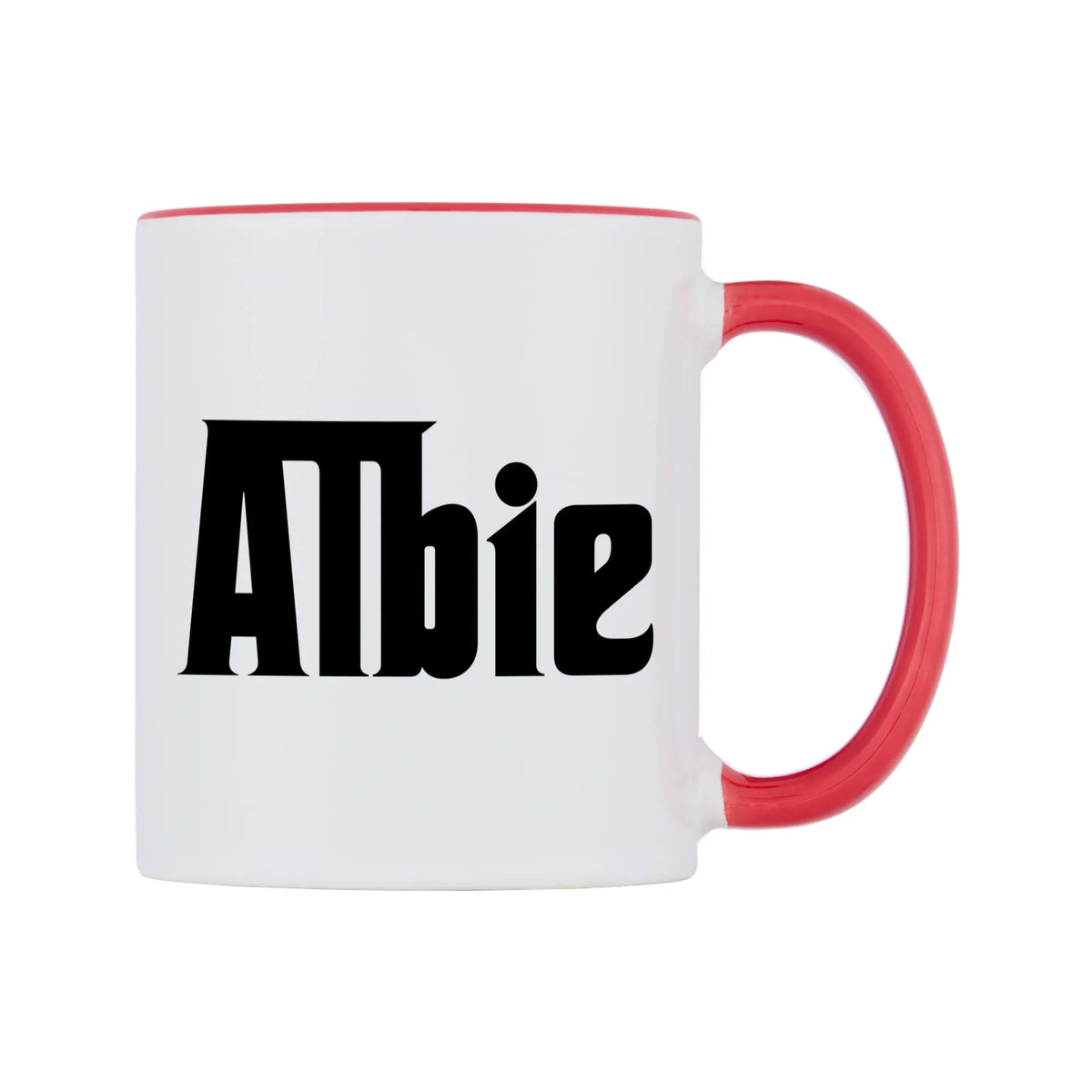 Albie - Godfather Themed Mug — white 11oz gloss mug with a red inside and handle, left side, on a white background
