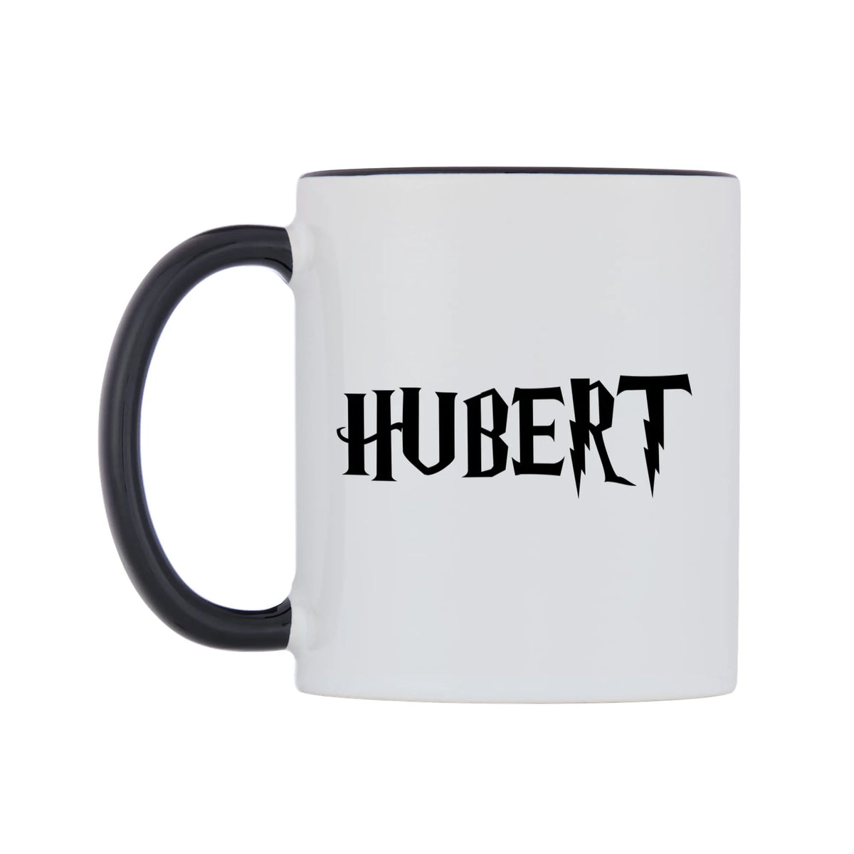 Hubert - Wizard Themed Mug — white 11oz gloss mug with a black inside and handle, right side, on a white background