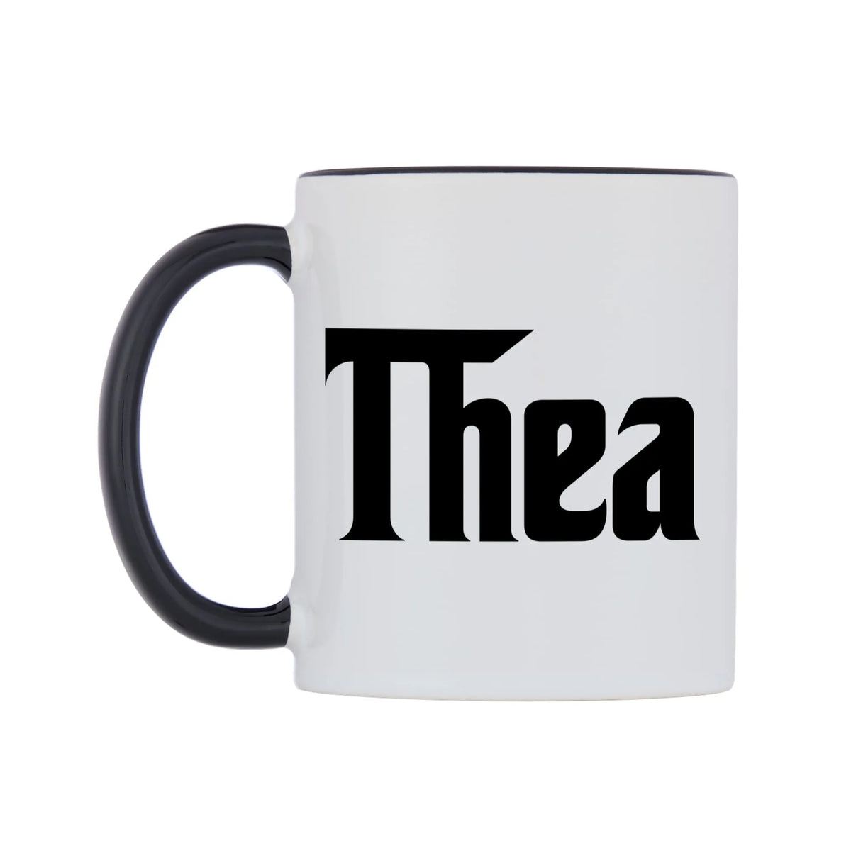 Thea - Godfather Themed Mug — white 11oz gloss mug with a black inside and handle, right side, on a white background