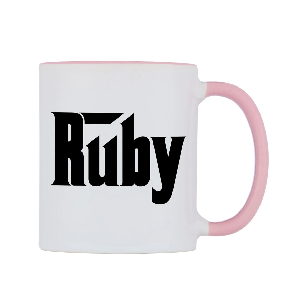 Ruby - Godfather Themed Mug — white 11oz gloss mug with a pink inside and handle, left side, on a white background