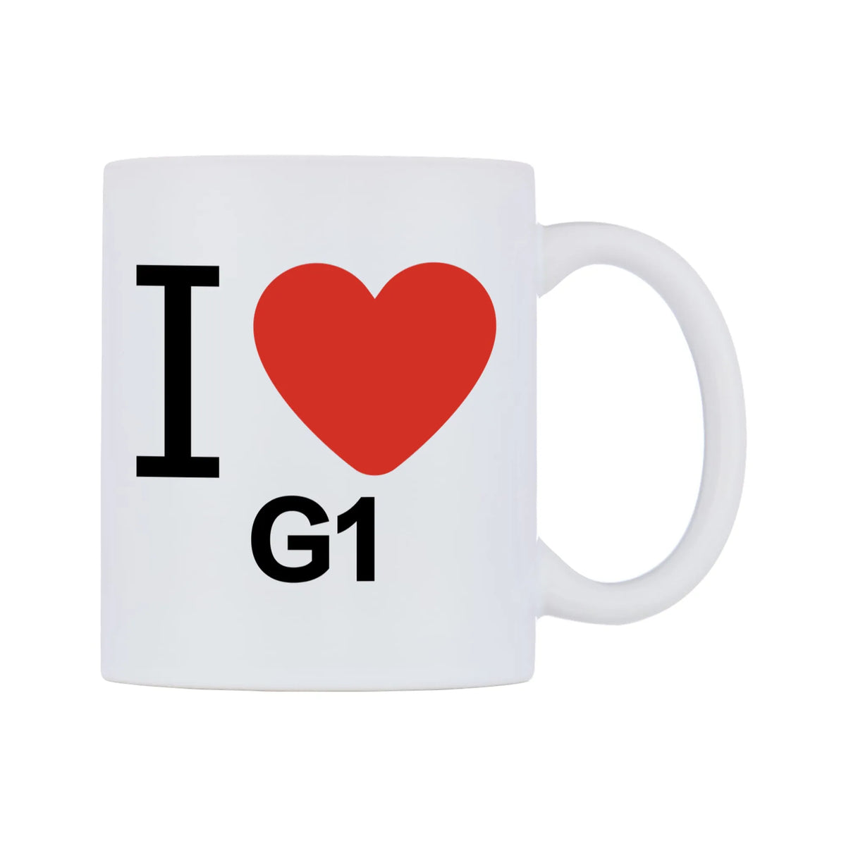 I Love G1 Mug — white 11oz gloss mug, left side, on a white background