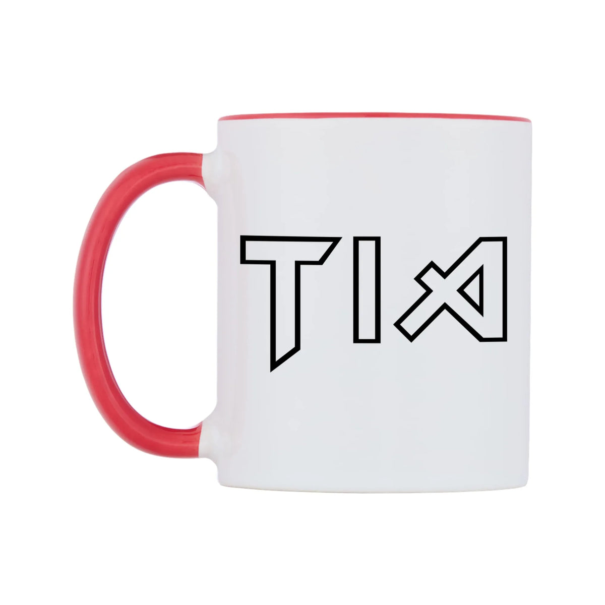 Tia - Iron Maiden Themed Mug — white 11oz gloss mug with a red inside and handle, right side, on a white background