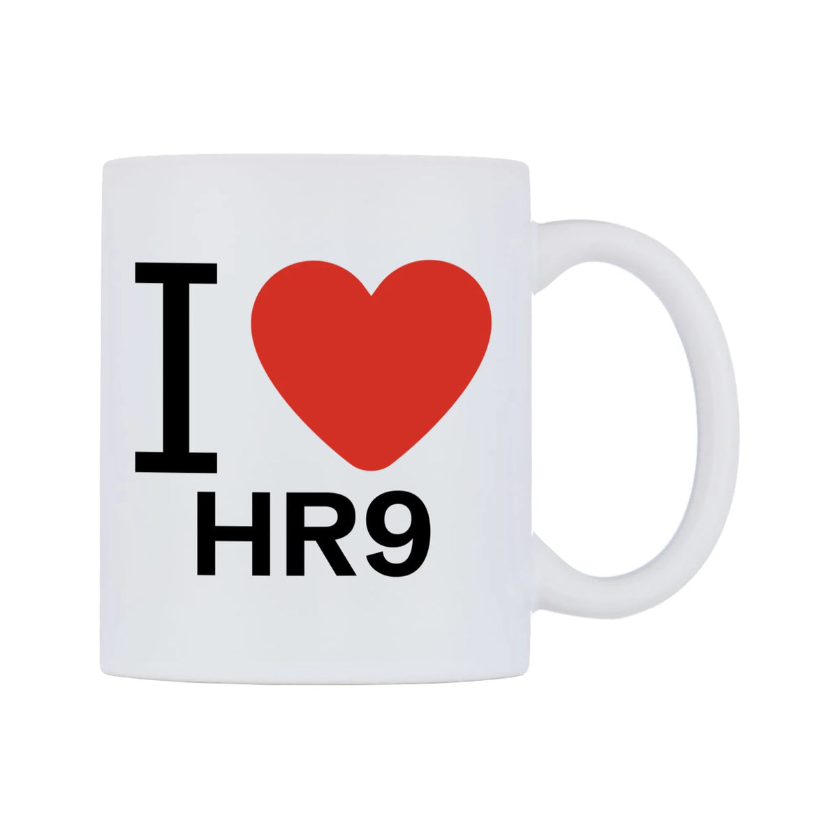 I Love HR9 Mug — white 11oz gloss mug, left side, on a white background