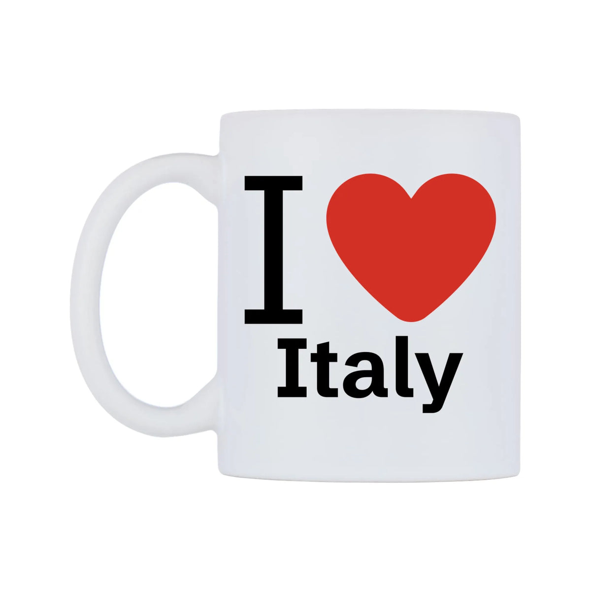 I Love Italy Mug — white 11oz gloss mug, right side, on a white background
