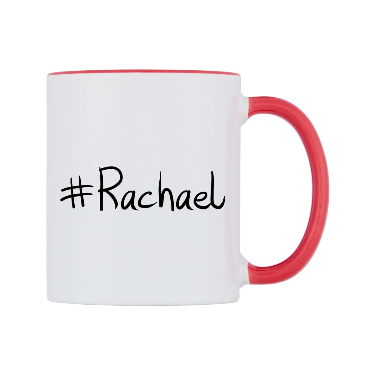 Rachael Mug — white 11oz gloss mug with a red inside and handle, left side, on a white background