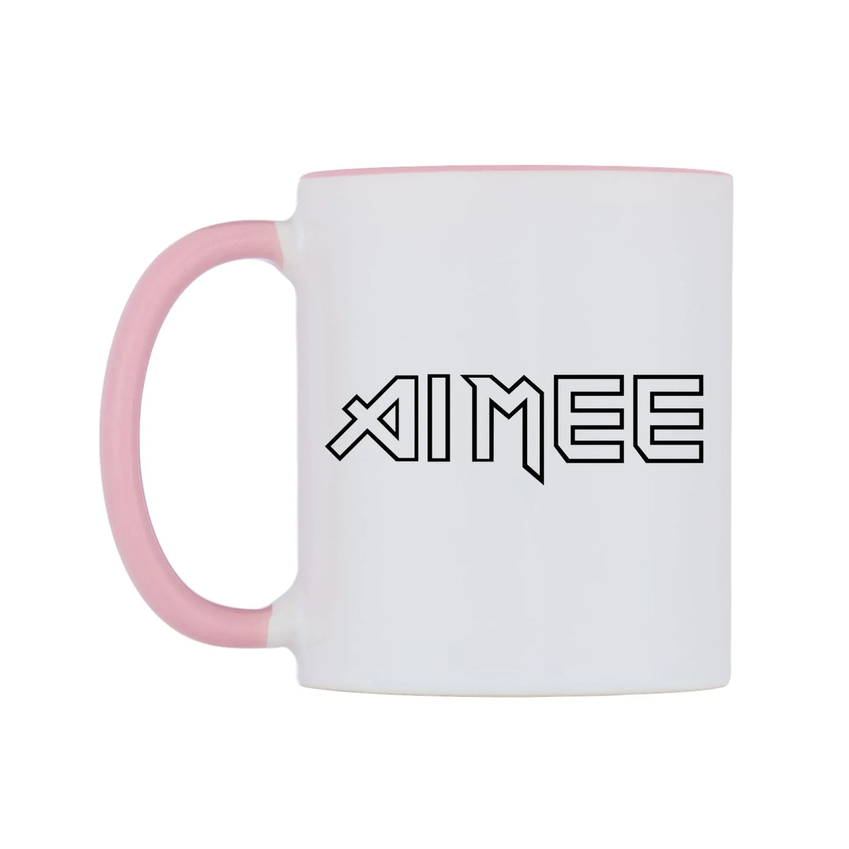 Aimee - Iron Maiden Themed Mug — white 11oz gloss mug with a pink inside and handle, right side, on a white background