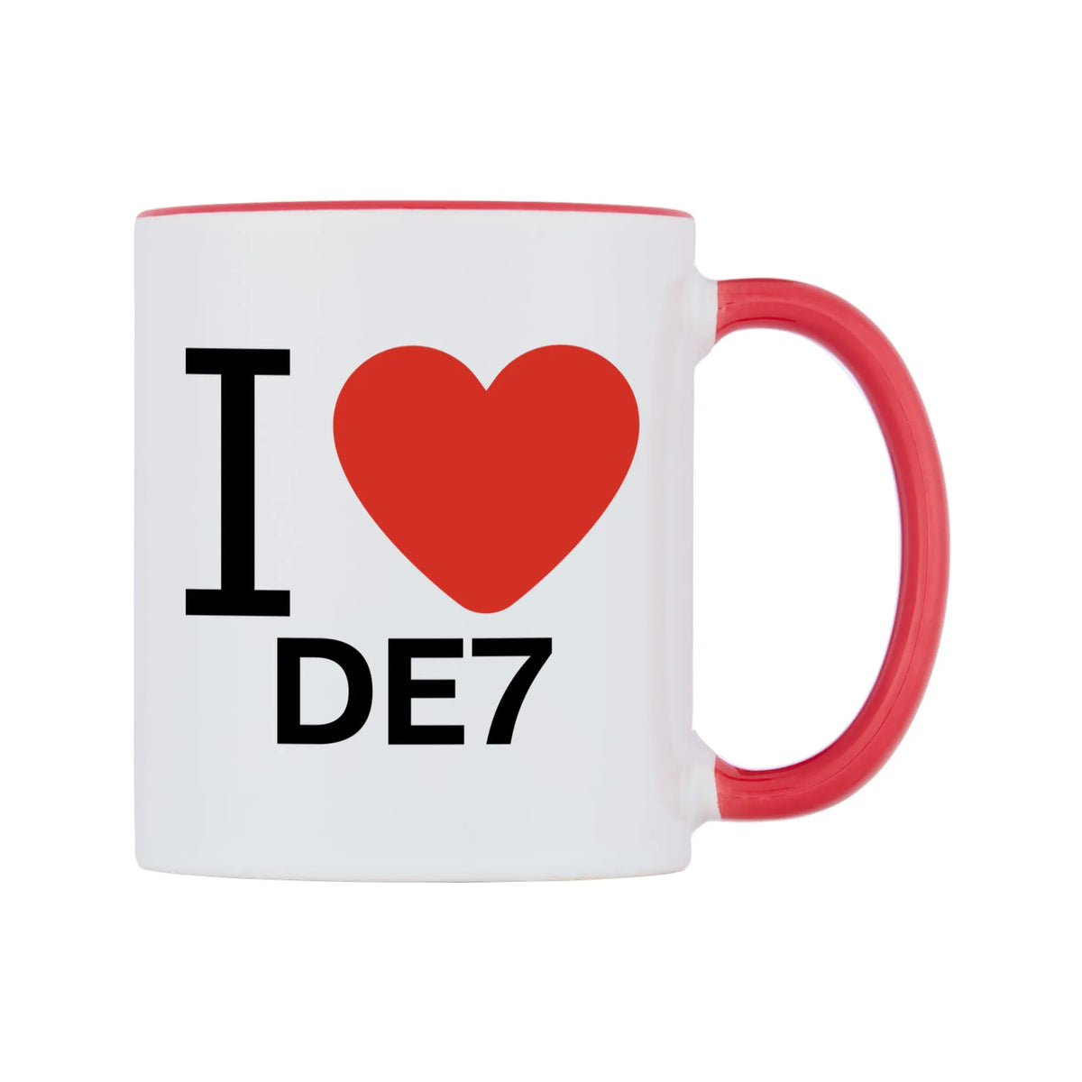 I Love DE7 Mug — white 11oz gloss mug with a red inside and handle, left side, on a white background