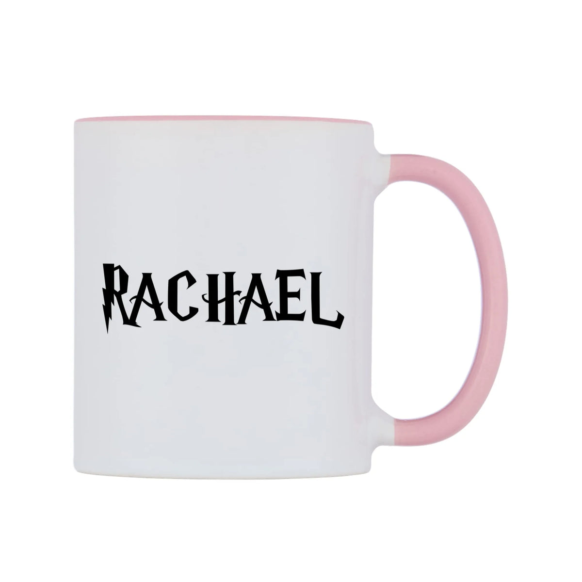 Rachael - Wizard Themed Mug — white 11oz gloss mug with a pink inside and handle, left side, on a white background