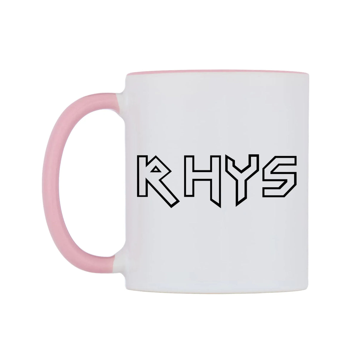 Rhys - Iron Maiden Themed Mug — white 11oz gloss mug with a pink inside and handle, right side, on a white background