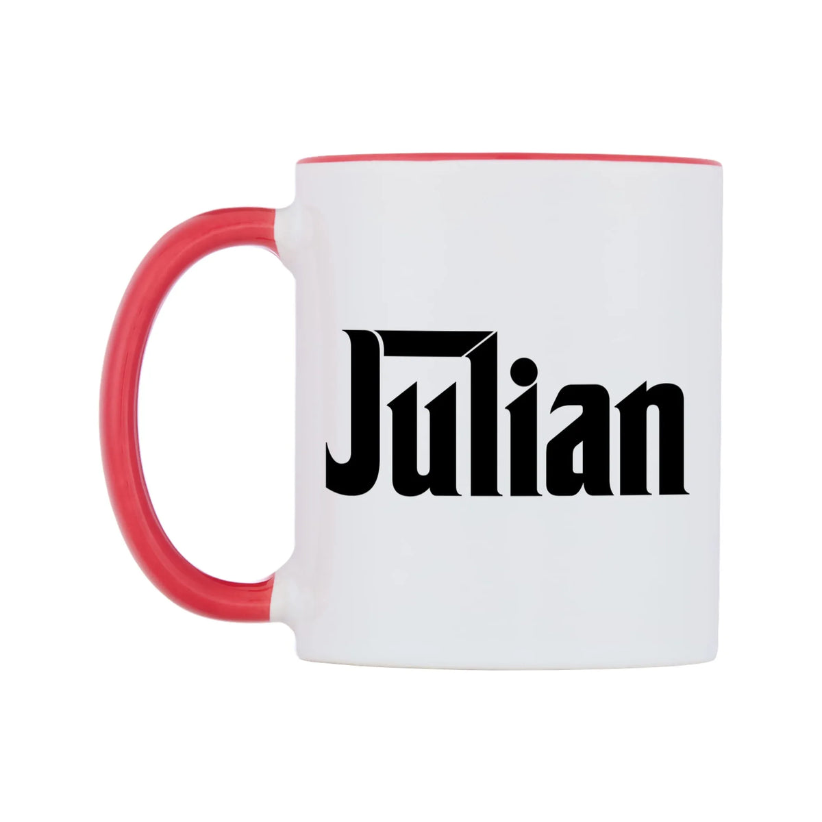 Julian - Godfather Themed Mug — white 11oz gloss mug with a red inside and handle, right side, on a white background