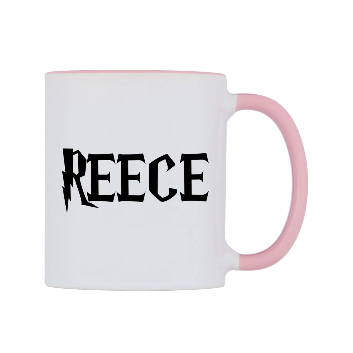 Reece - Wizard Themed Mug — white 11oz gloss mug with a pink inside and handle, left side, on a white background