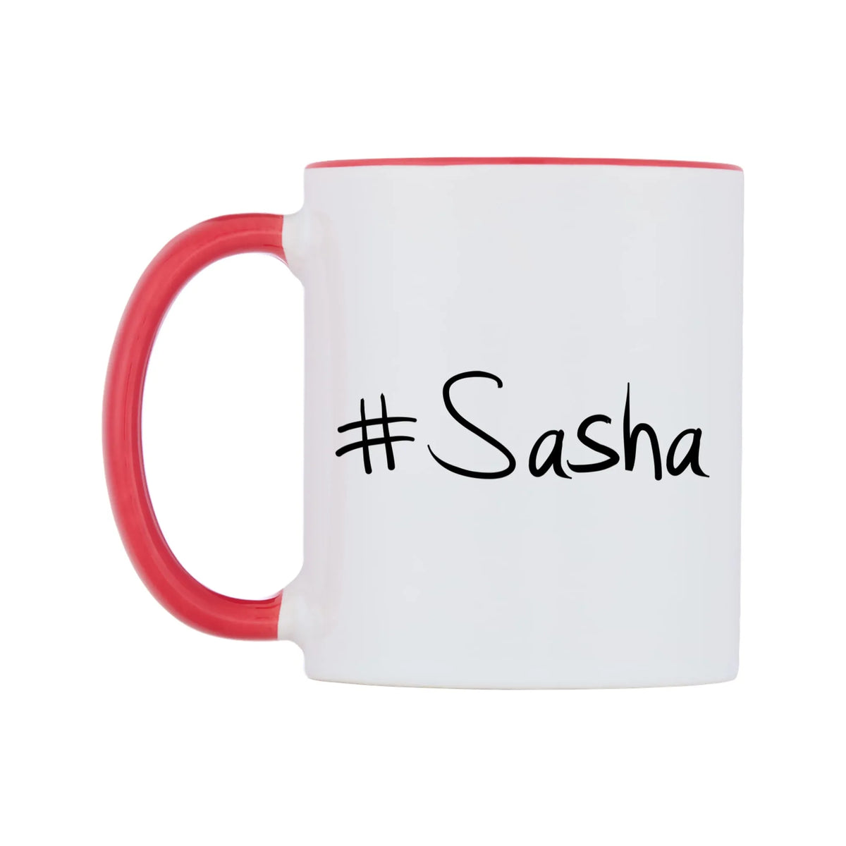 Sasha Mug — white 11oz gloss mug with a red inside and handle, right side, on a white background