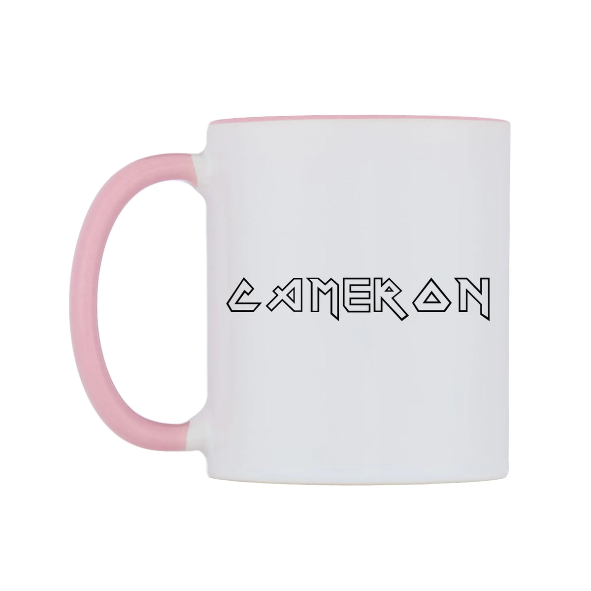 Cameron - Iron Maiden Themed Mug — white 11oz gloss mug with a pink inside and handle, right side, on a white background