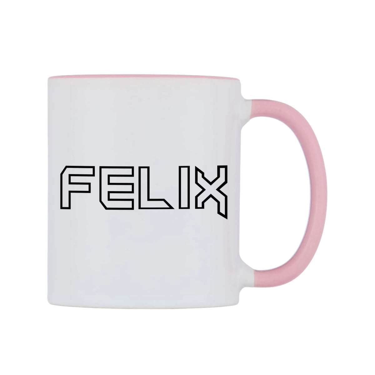 Felix - Iron Maiden Themed Mug — white 11oz gloss mug with a pink inside and handle, left side, on a white background