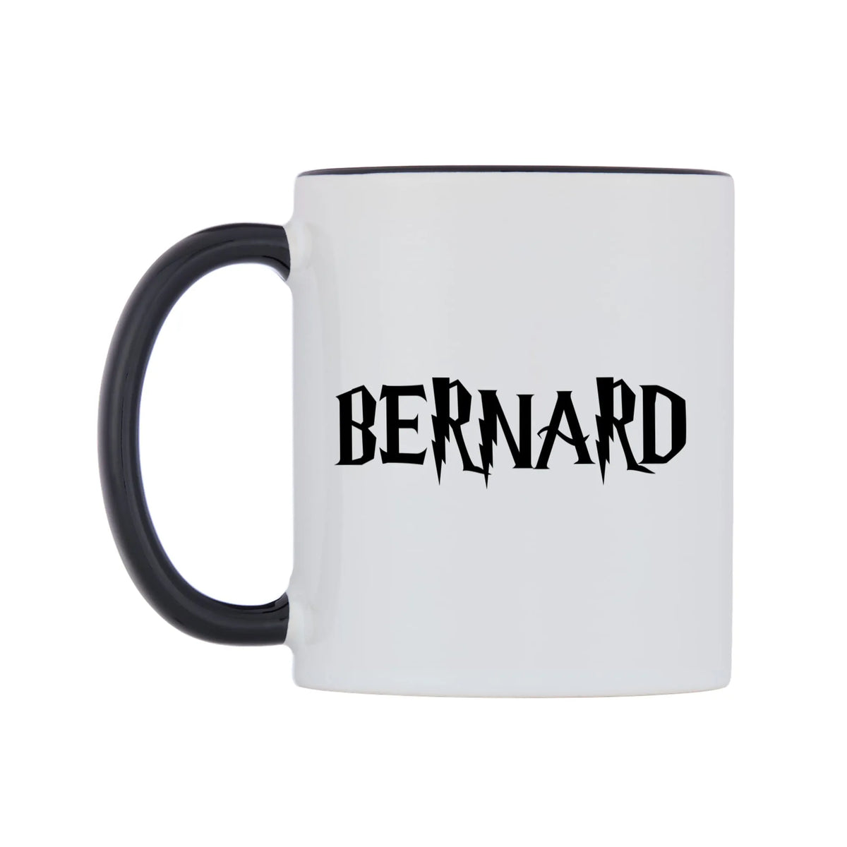 Bernard - Wizard Themed Mug — white 11oz gloss mug with a black inside and handle, right side, on a white background