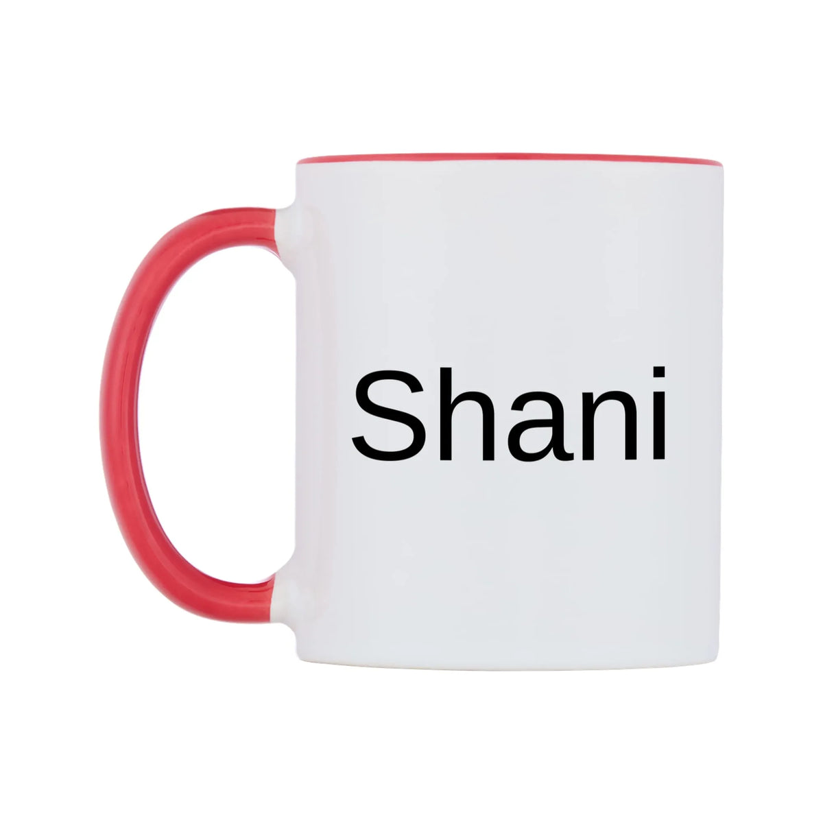 Shani Mug — white 11oz gloss mug with a red inside and handle, right side, on a white background