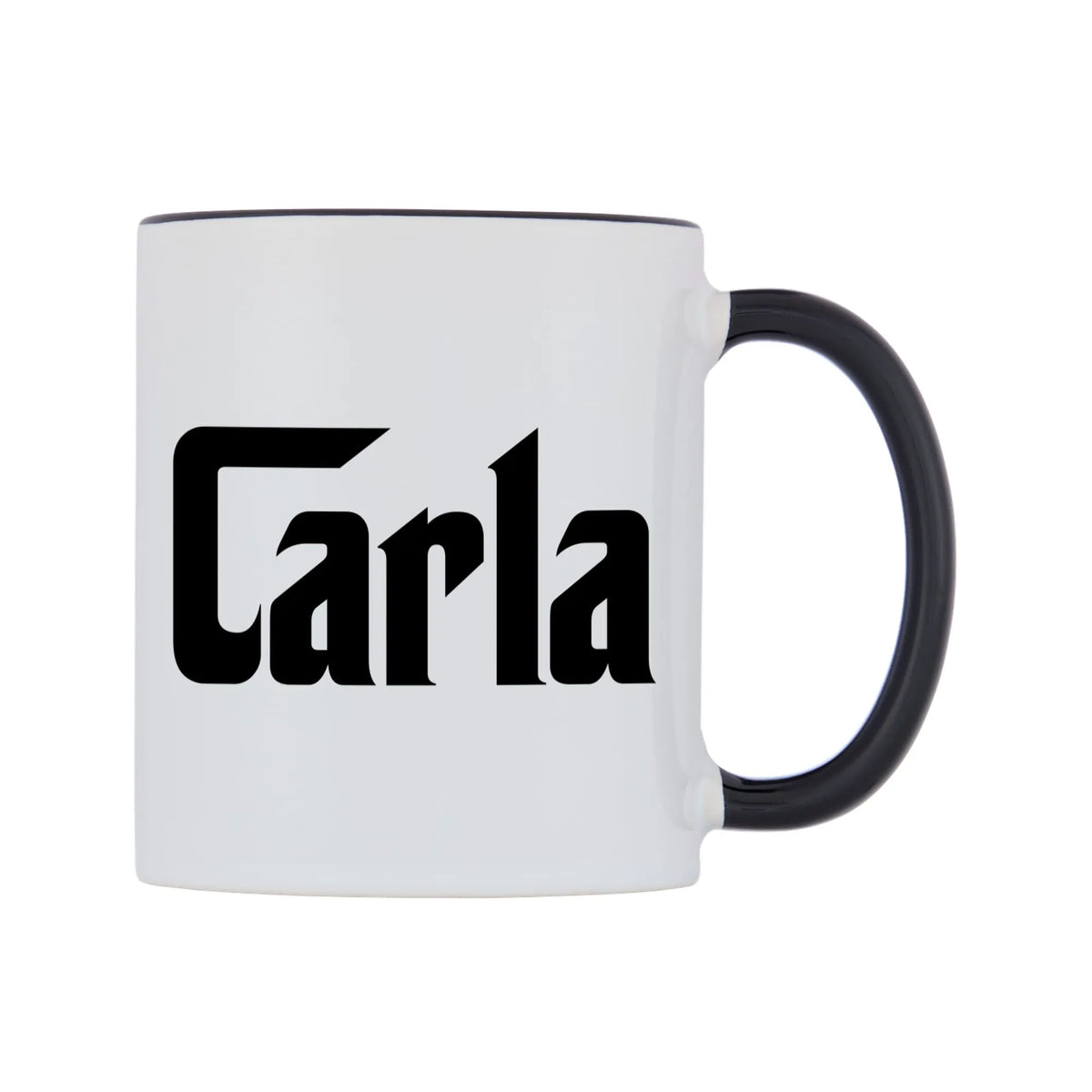 Carla - Godfather Themed Mug — white 11oz gloss mug with a black inside and handle, left side, on a white background