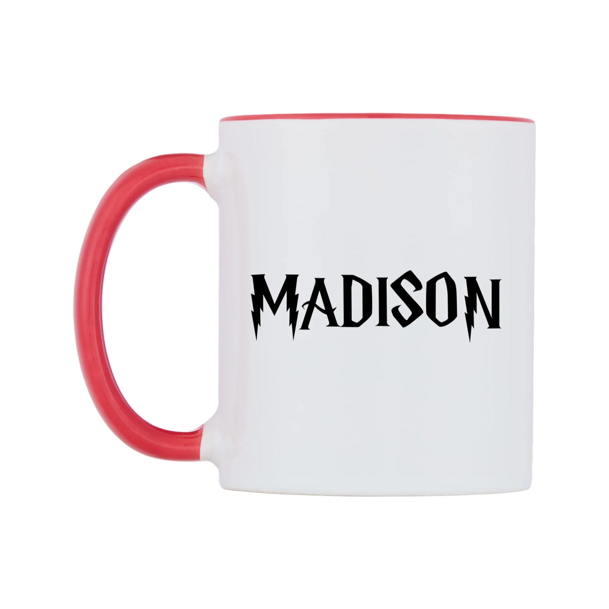 Madison - Wizard Themed Mug — white 11oz gloss mug with a red inside and handle, right side, on a white background