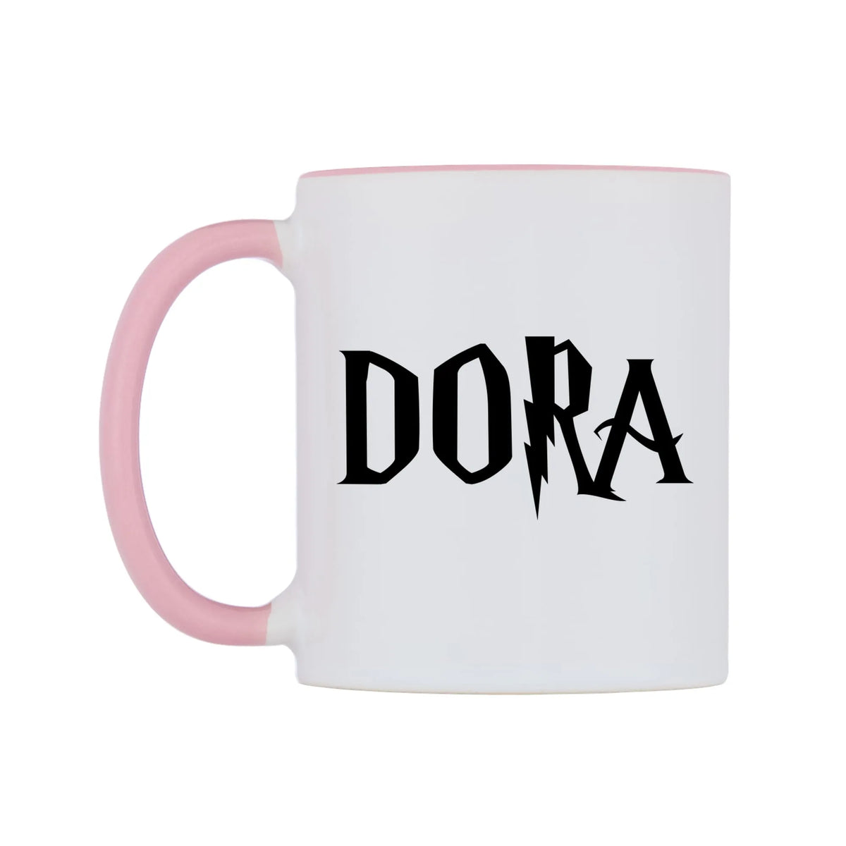 Dora - Wizard Themed Mug — white 11oz gloss mug with a pink inside and handle, right side, on a white background