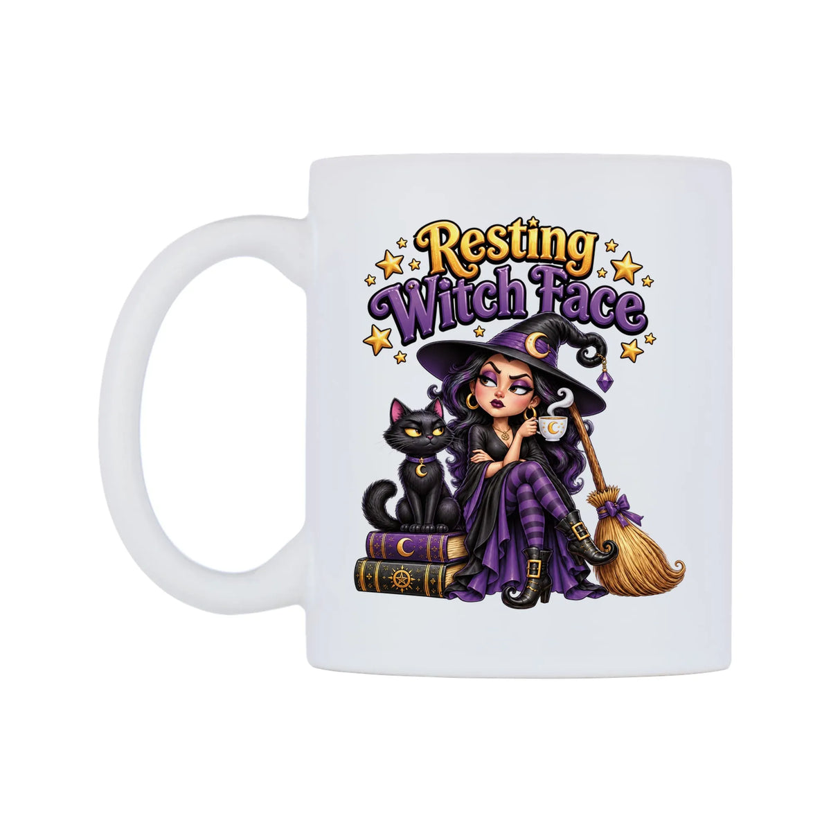 Resting Witch Face Mug — white 11oz gloss mug, right side, on a white background
