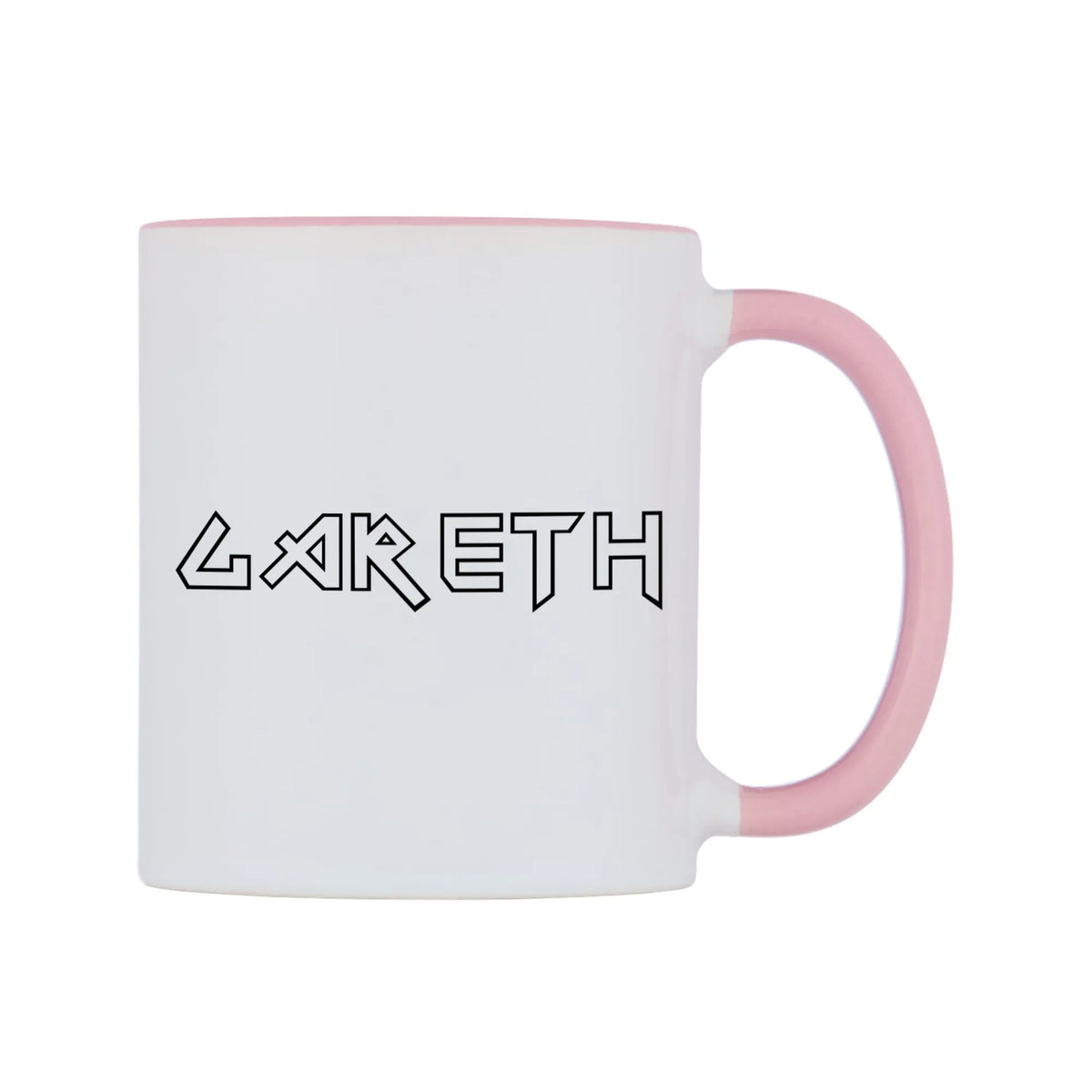 Gareth - Iron Maiden Themed Mug — white 11oz gloss mug with a pink inside and handle, left side, on a white background